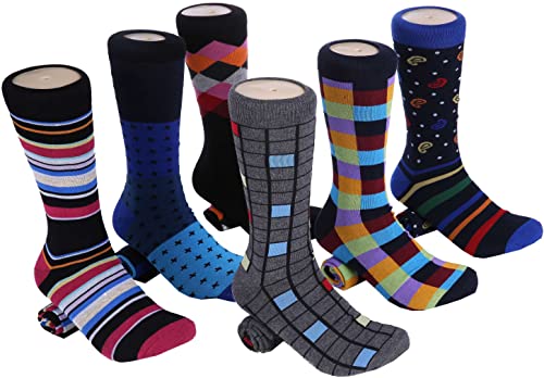 Marino Mens Dress Socks - Colorful Funky Socks for Men - Cotton Fashion Patterned Mens Socks - 6 Pack - Spunky Collection - 9-11