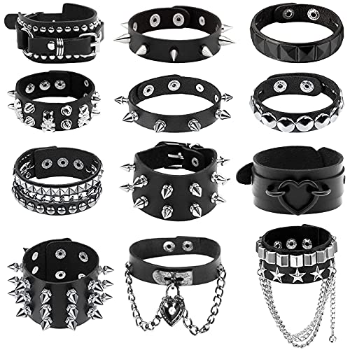 NEWITIN 12 Pieces PU Leather Bracelets Punk Bracelet Adjustable Goth Cuff Bracelet Gothic Rivet Buckle Wristband Black Bracelets for Men Women