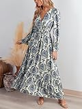 CUPSHE Maxi Dresses for Women V Neck Ruffled Long Sleeve Paisley Smocked Waist A Line Casual Fall Dress Navy Paisley, M