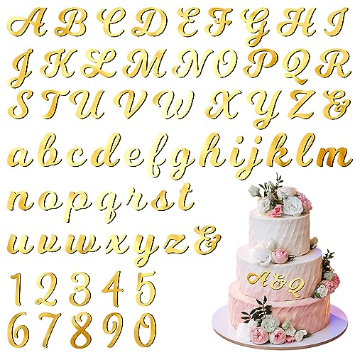 Jspupifip 64 Pcs Acrylic Cake Alphabet Numbers Topper, Mirror Number 0-9 and Alphabet A-Z Personalized Cake Picks Decor Anniversary Wedding Baby Shower Party Supplies(Gold)
