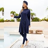 Muslim Swimsuits for Women Hijab Modest Islamic Arabic Swimwear Burkini Swimming Muslim Dress Top Pants Rash Guard 3 PCS Swim Bathing Suits Traje De Baño Musulmán para Mujer Dark Blue L