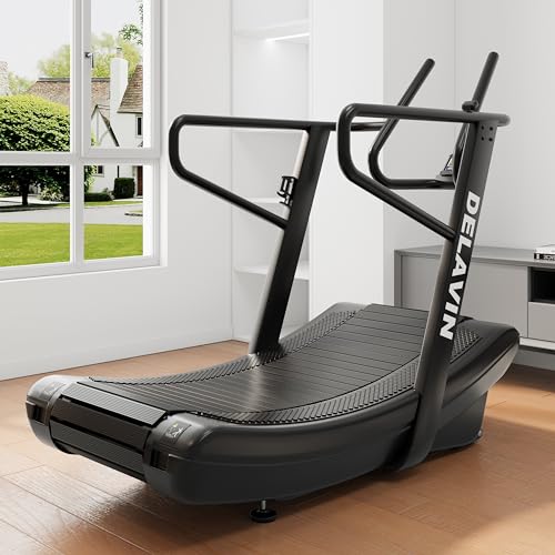 DELAVIN Curved Manual Treadmill, Non Electric Treadmill with 4 Resistance Levels, Motorless Treadmills with Front Digital Display and Handlebar, Wide Belt Treadmills 440LBS Capacity for Home Gym(FBA)