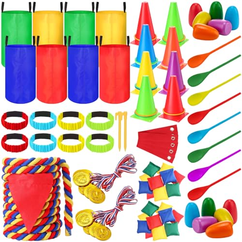 Wettarn 70 Pcs Carnival Outdoor Games Potato Sack Race Bags for Teens Adult Egg Spoon Bean Bags Ring Toss 3 Legged Relay Race Tug of War Rope Backyard Game for Birthday Party Field Day Family