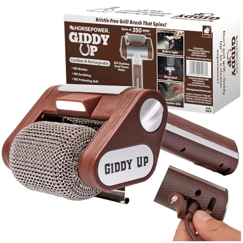HorsePower Giddy Up Grill Cleaner AS-SEEN-ON-TV! – Cordless, Rechargeable BBQ Tool with 350 RPM Stainless Roller, LED Light – Patents Pending – From BulbHead, a Family-Owned American Brand