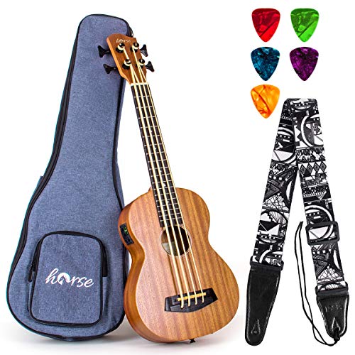 Electric Acoustic Bass Ukulele, Horse 30 inch Sapele Professional Aquila EADG with Gig Bag Strap Picks for Beginner and Advanced