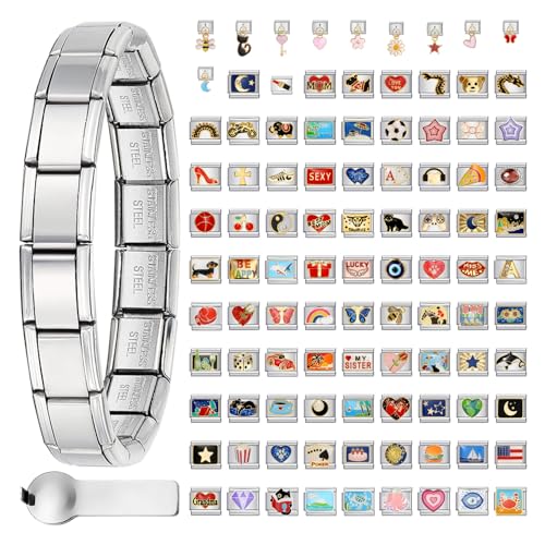 Custom Italian Charm Bracelet Links - Pick 10 of 80 Designs - 316L Stainless Steel, 9x10mm - Zodiac, Animals, Emojis, Flags, Birthstones - Waterproof, Hypoallergenic, Durable - DIY Gift