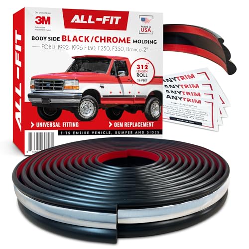 All-Fit Automotive Replacement Old Style Body Side Molding (2") – OEM Grade Black/Chrome Trim fits 1992-1997 Ford F150, F250, F350 & Ford Bronco – Easy Install with 3M Automotive Tape (26 Ft)