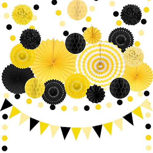 Black and Yellow Party Decoration ,23Pcs Hanging Paper Fans,Pom Poms Flowers, Garland String Polka Dot and Triangle Bunting Flag Packs for Boy Birthday, Bridal Shower, Baby Showers, Wedding