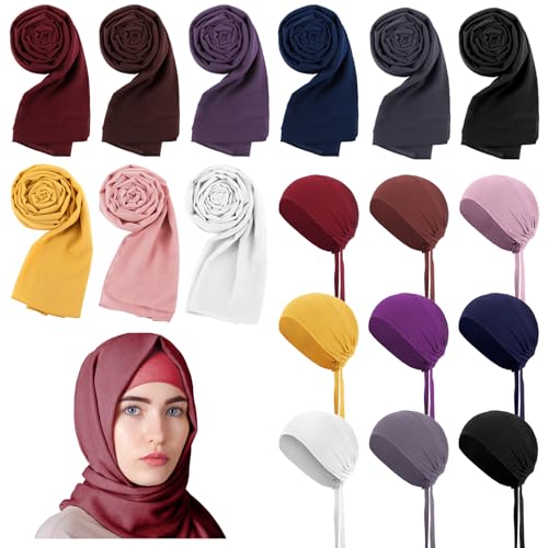 Bunnycool 18 Pcs Muslim Hijab Scarves for Women with Under Scarf Cap Chiffon Shawl Islamic Caps with Tie-Back Closure (Vivid Colors)