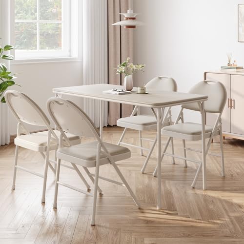 IDEALHOUSE Protable Folding Table and Chairs, 5 Piece Folding Card Table and Chairs Set, Foldable PU Upholstered Table and Chairs Set of 5, for Dining Room, Living Room, Office, Camping, Beige