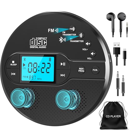 Sunoony Portable CD Player with Bluetooth, Disman CD Player for Car with FM Transmitter, Rechargeable CD Player Portable with Anti-Skip Protection, Headphones, AUX/USB Supported, LCD Display(Black)
