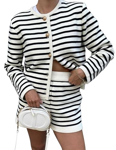 ICOBID Womens Striped 2 Piece Outfits Long Sleeve Crew Neck Button Lounge Short Set Casual Knit Sweater High Waist Shorts White