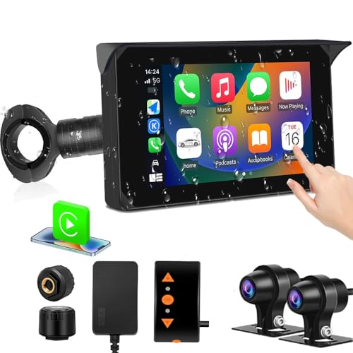 VSYSTO 5 Inch Motorcycle Carplay Touchscreen, Wireless Carplay and Android Auto, GPS Navigation Parking Guard Waterproof WiFi Motorcycle Dash Cam HD 1080P Front and Rear Camera, Tire Pressure Sensors