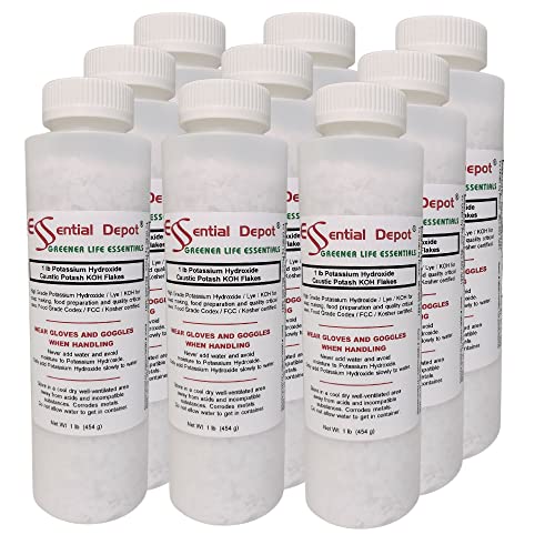 Essential Depot Potassium Hydroxide Flakes KOH, 9 lbs (9 x 1 lb Container) Caustic Potash Anhydrous KOH Dry Electrolyte - HDPE Container with Resealable Child Resistant Cap