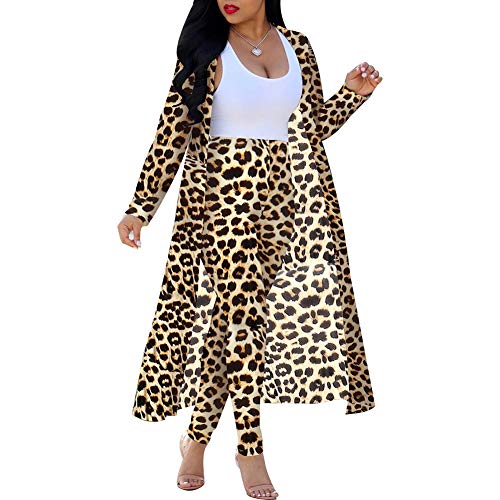 CQWL Womens Fashion Printed Long Cardigans 2 Piece Outfits,Long Sleeve Coat and Trousers Set Leopard