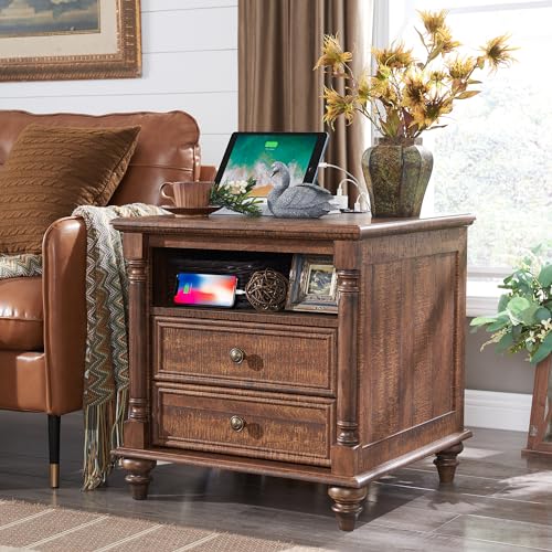 T4TREAM 24'' Farmhouse End Table w/4 Solid Wood Feet, Large 2 Drawers Wide Sofa Side Table with Charging Station, Tall Rustic Wood Square Nightstand for Living Room, Bedroom, Office,Reclaimed Barnwood
