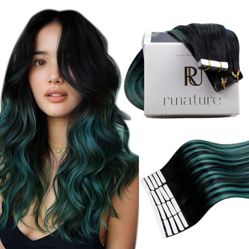 RUNATURE Human Hair Tape in Extensions 18 Inch Ombre Black Fading to Teal Long Invisible Tape in Hair Extensions Human Hair Straight Dark Blue Hair Extensions Tape in Real Human Hair Silky 50g 20pcs