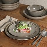 Gibson Elite Beckett Stoneware Matte Reactive Glaze 16 Piece (Service for 4) Plates and Bowls Dinnerware Set - Grey