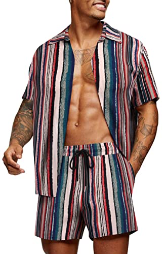 COOFANDY Men's Vertical Striped Shirt Short Sleeve Button Up Hawaiian Shirt Set Summer Beach 2 Piece Short Set