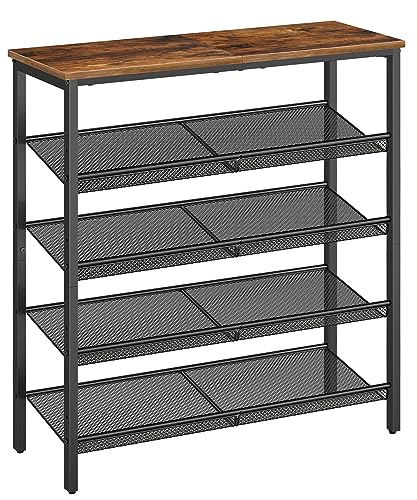 HOOBRO Shoe Rack for Entryway, 5-Tier Shoe Organizer with Adjustable Mesh Shelves, 16-20 Pairs of Shoes, Spacious Floor Mount, Metal, Industrial, Shoe Shelf for Closet, Rustic Brown BF12XJ01