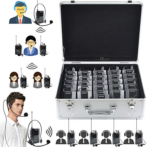 EXMAX EX-938 Wireless Headset Microphone Audio Tour Guide System for Church Translation Teaching Travel Simultaneous Interpretation.(1 Transmitter 25 Receivers with Silver Aluninum Storage Case)