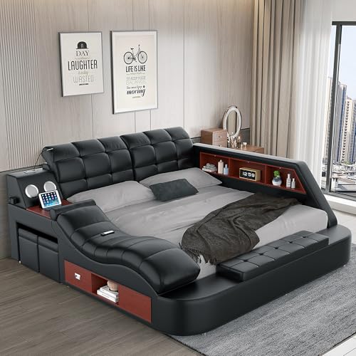 ModaWhly Smart Queen Bed Frame, Black Multifunctional Bed with Massage Recliner, Modern Luxury Bed Frame with Music Speaker, USB Charging Station, Adjustable Headboard, Bedroom Furniture