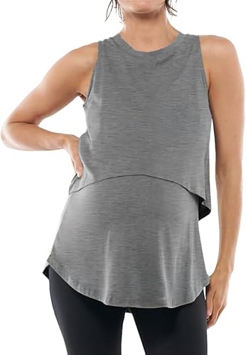 ZDC Women's Maternity Nursing Tank Tops Sleeveless Double Layer Breastfeeding Shirts Summer Pregnancy Clothes Grey