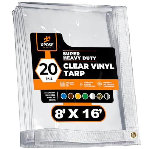 8' x 16' Clear Vinyl Tarp - Super Heavy Duty 20 Mil Transparent Waterproof PVC Tarpaulin with Brass Grommets - for Patio Enclosure, Camping, Outdoor Tent Cover, Porch Canopy - by Xpose Safety