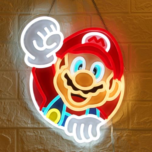 Mario Neon Sign 14in Mario Neon Light USB Powered Led Light Sign with Brightness Settings for Game Room Bedroom Fans Club Wall Art Decor Kids