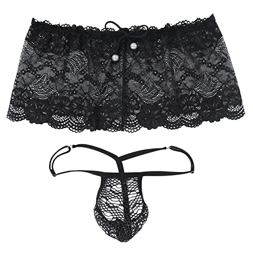 ABAFIP Men's Crossdresser Sissy Lingerie Low Waist Lace Mesh Sheer Mini Skirt + G-string Thong Panties 2 Piece Crossdressing Underwear set Black One Size