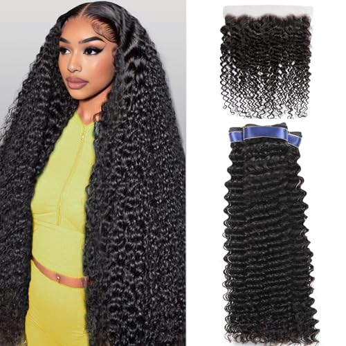 Human Hair Bundles Deep Wave Bundles Human Hair with Frontal Closure (22 24 26+20, Free Part) 16A Wet and Wavy Burmese Curly 3 Bundle with 13x4 HD Lace Frontal 100% Raw Hair Extensions