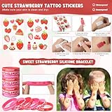 Landical 213 Pcs Strawberry Party Favors Includes Gift Cup Straws Bracelets Stickers Temporary Tattoos Keychain Rings Stampers Pendant Cards for Baby Shower Strawberry Theme 1st Birthday Decorations