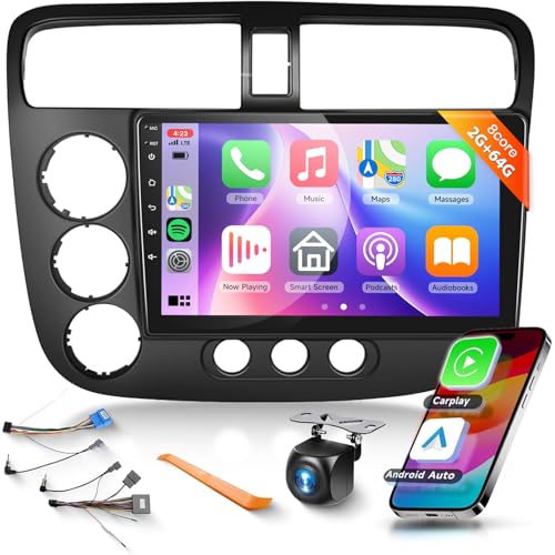 【DSP 36EQ】 8Core 2G+64G Radio for Honda Civic 2001-2005 Car Stereo with Wireless Carplay,9inch 1280x720P IPS Touch Screen Android Auto 5.0Bluetooth GPS WiFi 59UIs FM/RDS AHD Backup Camera