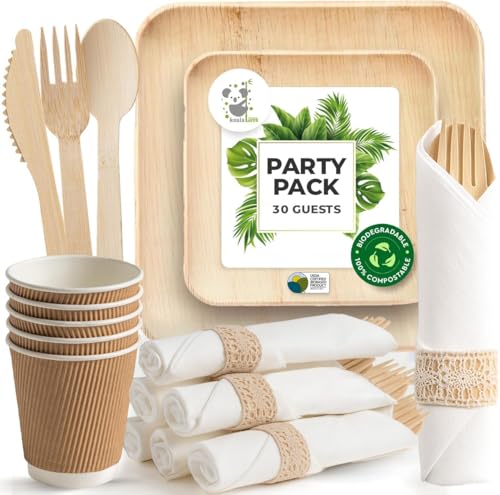 Palm Leaf Bamboo Plates & Pre-Rolled Bamboo Cutlery Party Set - 10 & 7'' Compostable Plates Elegant Pre-Rolled Utensils, Napkins, Cups for Weddings, Events, and Special Occasions For 30 Guests