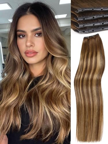 WIGNEE 100% Remy Double Weft Invisible PU OVO Human Hair Extensions 18 Inch Micro Beads Real Human Hair Extensions T4/27 Highlight Honey Blonde Genius Weft Hair Extensions Human Hair