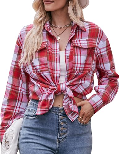 Korebow Women's Lightweight Flannel Plaid Button Down Shirts Oversized Long Sleeve Shacket Jacket Tops(0200-Red-L)