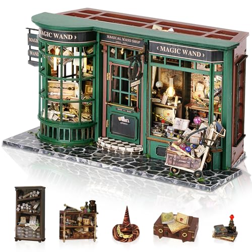 DIY Book Nook Kit Expandable Miniature Dollhouse Kit, Retro European Magic House Bookshelf Insert Model with LED Light, Bookend Building Set Hobbies 3D Wooden Puzzle for Adults Birthday Gift Women Men
