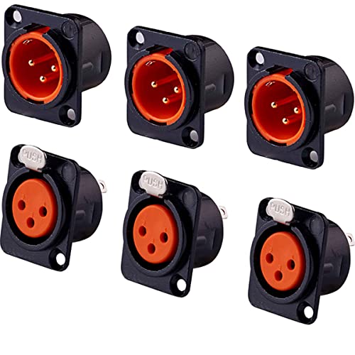 priaolker Gold 3-Pin XLR Male + Female Socket Metal Panel Mount Chassis Microphone Audio Jack D-Type Connector Adapter, Pack of 6