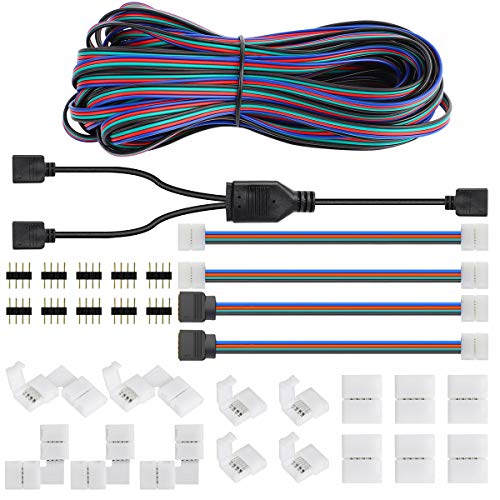 SUPERNIGHT 3528 2835 4 Pin 8mm LED Strip Connector, RGB Rope Lights Connector Kit, Gapless Solderless Clip, 32.8ft Extension Wire Cable, L Shape PCB (for 8mm Width Strip)