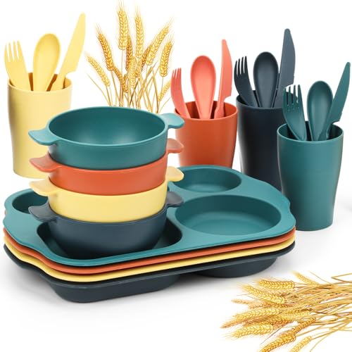 24-Piece Wheat Straw Dinnerware Set for Kids & Toddlers - Unbreakable, BPA-Free Tableware with Divided Plates, Microwave & Dishwasher Safe - Perfect for Home, School & Picnics