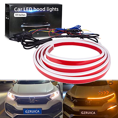 GZRUICA Car Hood Light Strip 59 Inches White Exterior Car LED Strip Lights for Hood Flexible Waterproof Dynamic Scan Sequential Turn Signal Amber DC12V Daytime Running Lights for Cars, SUVs, Trucks