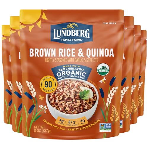 Lundberg Brown Rice & Quinoa, Ready in 90 Seconds, 6-Pack – Regenerative Organic Certified Brown Jasmine Rice, Organic Quinoa, Microwavable, Lightly Seasoned with Garlic & Shallots, 8 Oz Ea