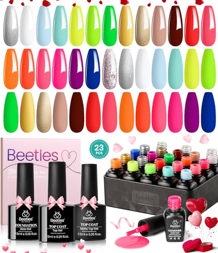 beetles Gel Polish Set 23Pcs Neon Gel Nail Polish Kit with 3Pcs Base Gel Top Coat, Orange Blue Hot Pink Magenta Lemon Green Colors Nail Gel Polish Soak Off UV Manicure Rainbow Nail