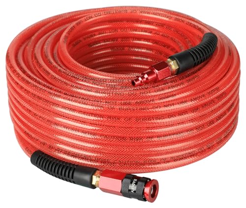 EADUTY Heavy Duty Reinforced Polyurethane Air Hose 1/4 in x 100 ft, Lightweight, Flexible Compressor Hose with Universal Quick Coupler, Plug and Bend Restrictors, Red