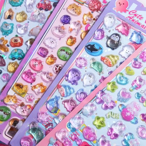 3D Embossed Stickers for Kids, 4 Sheets Resuable Stickers for Toddler, Boys, Girls for Scrapbooks Laptops Phone Case Decoration, Including Animals, Marine Animals, Bears, Rabbits, Cats, Dogs (Animal)