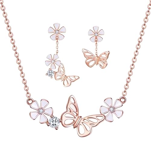 HST.HAPPY-JWL Jewelry sets for women Bamoer 925 Sterling Silver K Gold Rose Earring Butterfly Necklace Jewelry Set Flowers for Women Ladies Luxury Elegant Wedding-T05