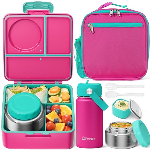 Fimibuke Bento Box for Kids Adult - Leakproof 3-4 Compartments Lunch Bento Box Set with Insulated Thermos Food Jar, Water Bottle, Lunch Bag, Sauce Cup & Cutlery for Toddler Teen Shcool Girl Boy Age 3+