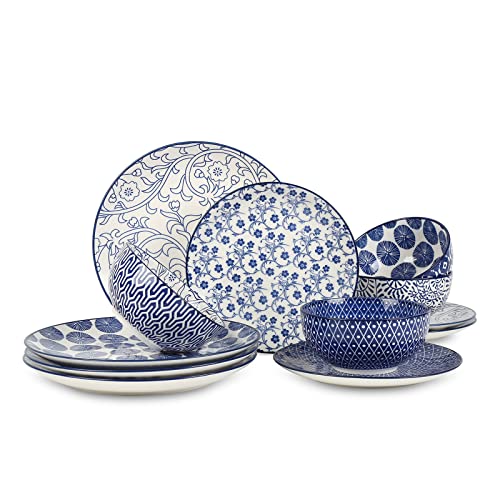 Selamica Ceramic 12-Pieces Dinnerware Sets, Ceramic Dish Plates and Bowls Sets, Service for 4, Dinner Salad Dessert Plates, and Cereal Bowls Set,Vintage Blue