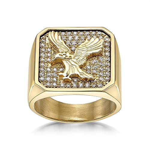 Metro Jewelry Eagle Signet Ring for Men in Stainless Steel with Yellow Gold Ion Plating and White Cubic Zirconia - Size 12