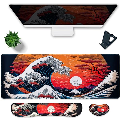 Hopipad Large Gaming Mouse Pad Waterproof/Mouse Wrist Rest/Keyboard Wrist Rest Set, Non-Slip Rubber Base, Ergonomic Computer Desk Mat with Wrist Support for Keybord and Mouse, Easy Typing&Pain Relief